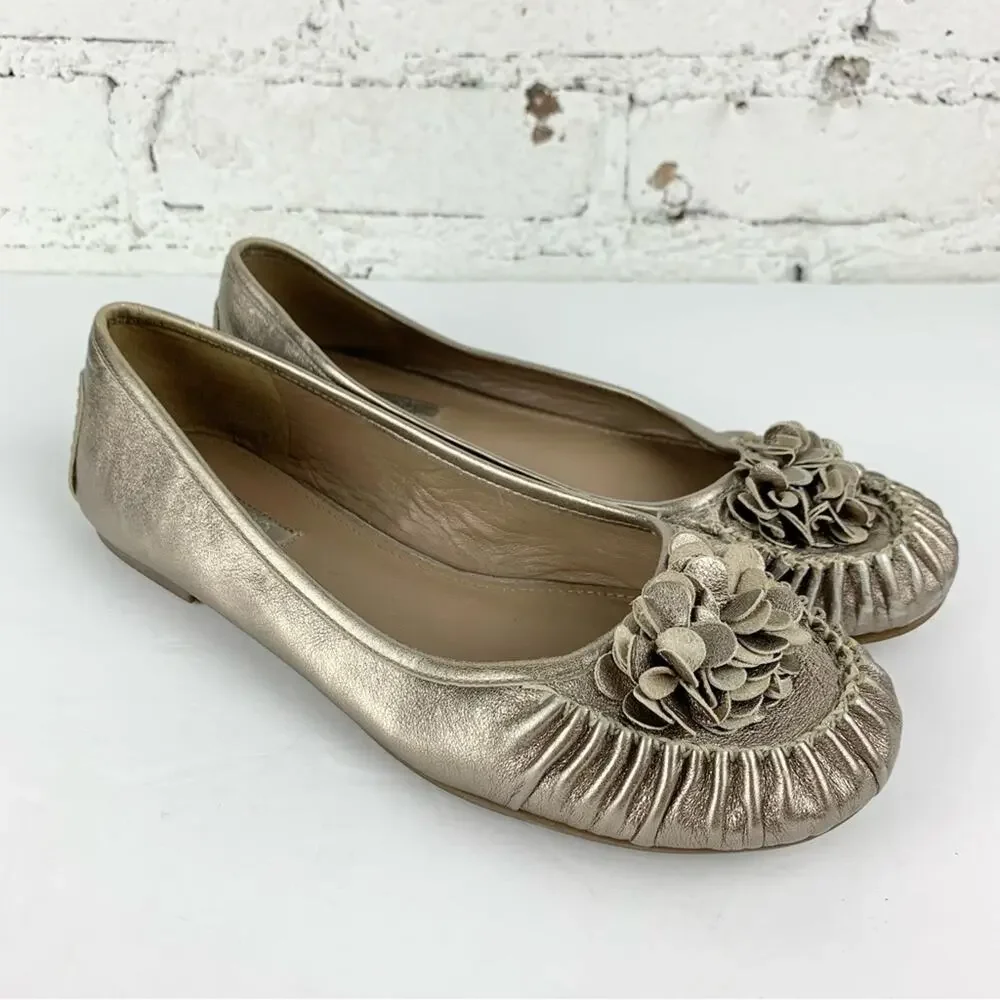 Ecco Metallic Silver Gold Leather Floral Ballet Slip On Flats 40